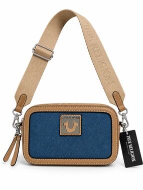 NWT TRUE RELIGION Horseshoe Denim Camera Crossbody Bag – Brown Tan & Blue Logo